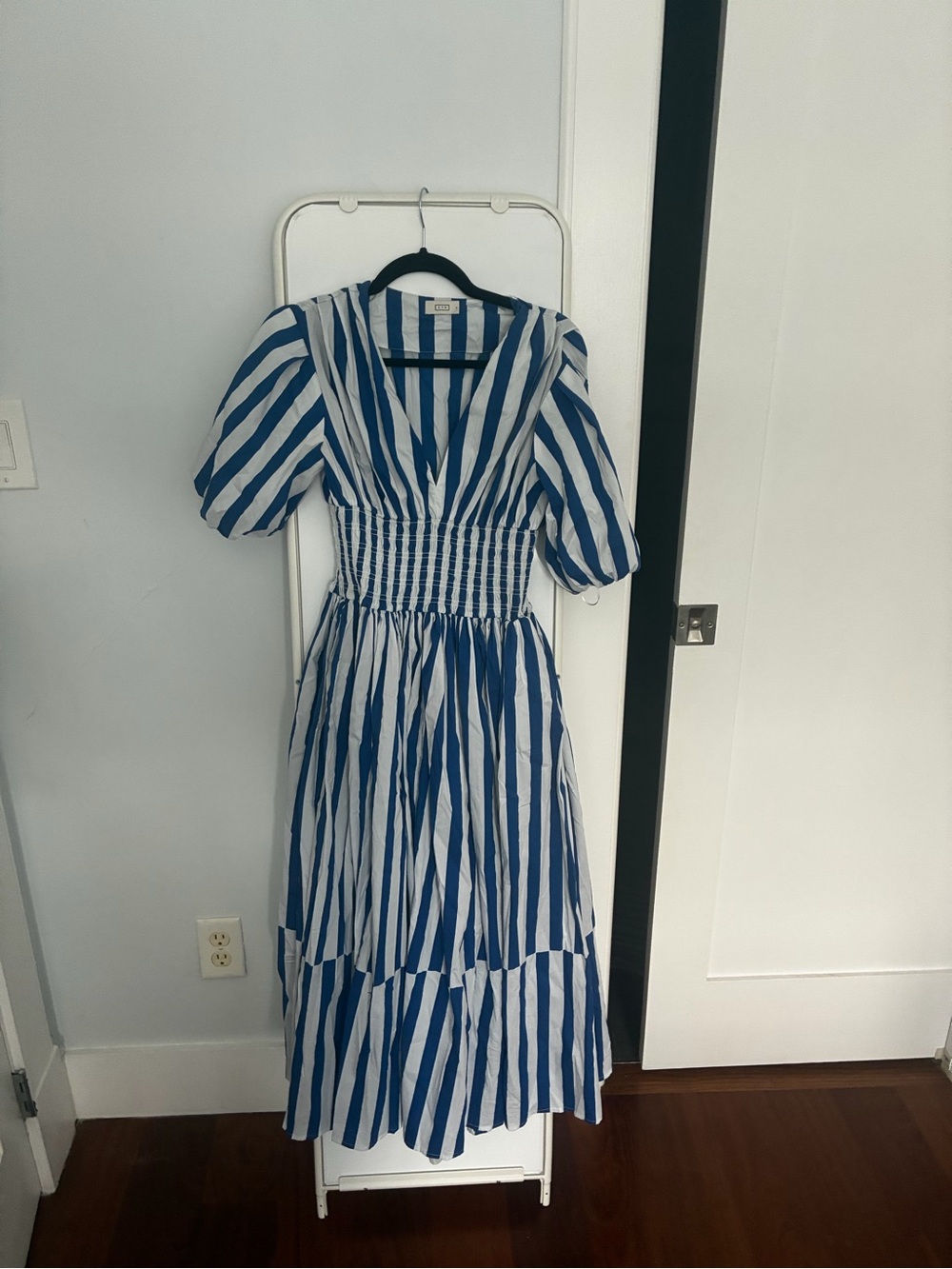 AYR Blue and White Striped Maxi Dress with Puff Sleeves